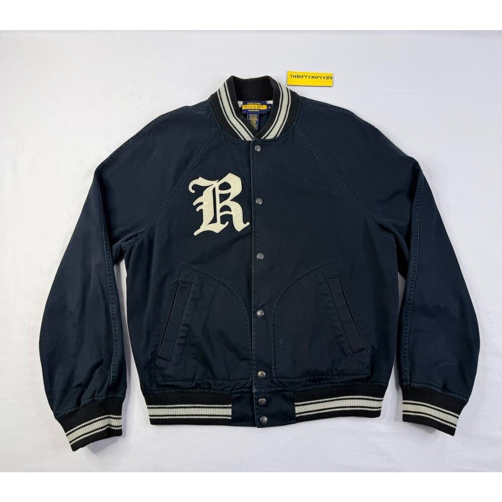 RUGBY Polo Ralph Lauren Mens Black Varsity Letterman Gothic R Jacket *SAMPLE*